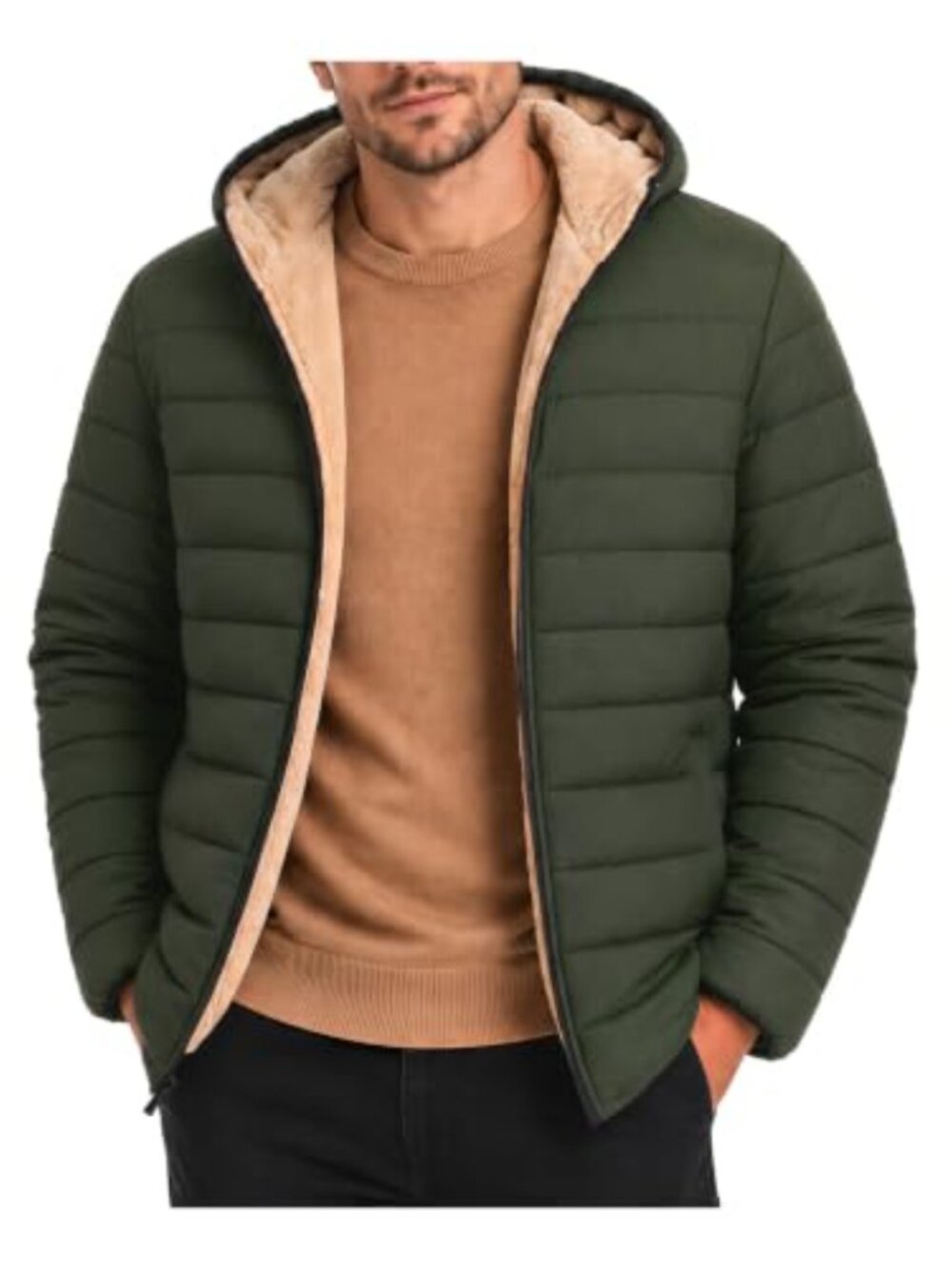 Men Puffer Jacket Insulated Warm Coat Sherpa Fleece Lined Lightweight Cold